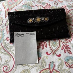 Brighton Black Croc-Embossed Clutch with Gold Accents